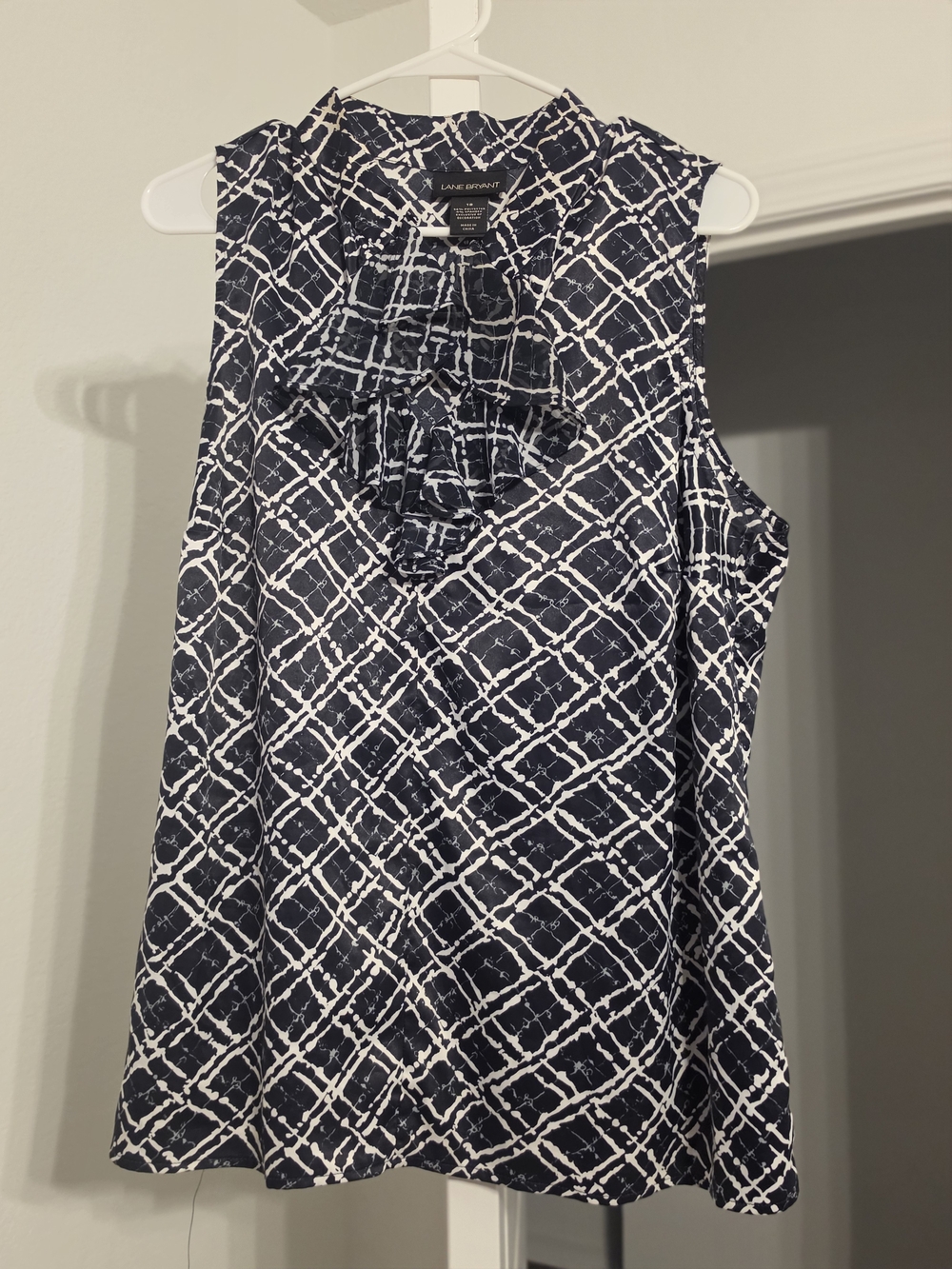 Lane Bryant Navy and White Sleeveless Ruffle Front Top